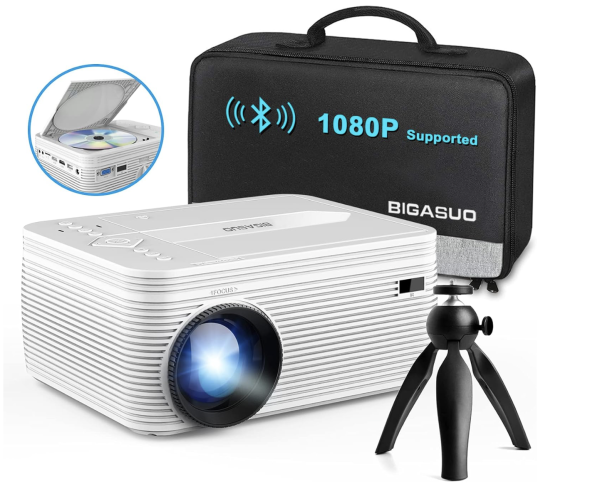 BIGASUO HD 9000L Bluetooth Projector Built in DVD Player, Mini Outdoor Movie Projector 1080P and 250”Supported with Tripod and Carry Bag, Compatible w/ TV Stick, PS5, Laptop